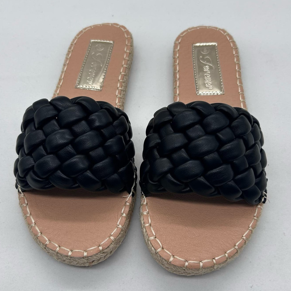 Forever Sandals Womens 8 Black Woven Flat Slides Open Toe Braided Slip On NEW